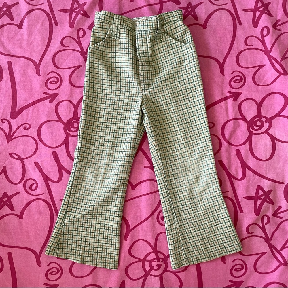 Vintage Kids Casual Plaid Pants in Green and Cream